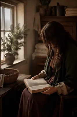 Woman Reading Bible by Rustic Window