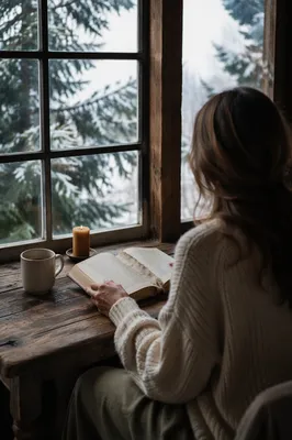 Woman Reading Bible by Winter Window