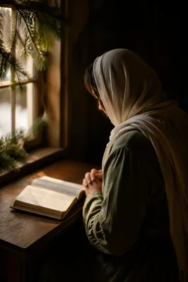 Woman Reading Bible by Evergreen Window