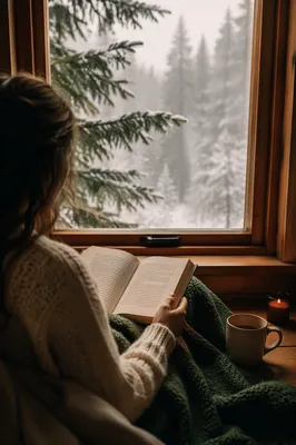 Woman Reading Bible by Frosted Cabin Window