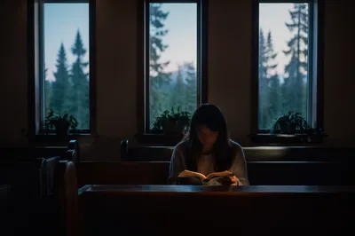 Woman Reading Bible in Quiet Chapel