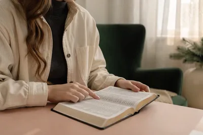 Woman Studying Bible Beside Evergreen Window