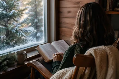 Woman Reading Bible Beside Snowy Evergreen Window
