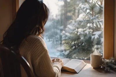 Woman Reading Bible Beside Frosted Winter Window