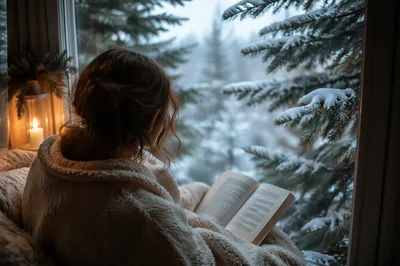 Woman Reading Bible by Evergreen Window