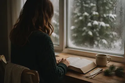 Woman Reading Bible Beside Snowy Evergreen Window