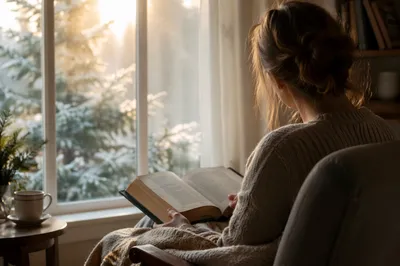 Woman Reading Bible by Frosted Evergreen Window