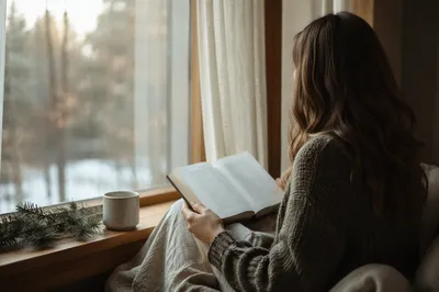 Woman Reading Bible in Winter Window Nook