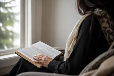 Woman Reading Bible by Bright Window