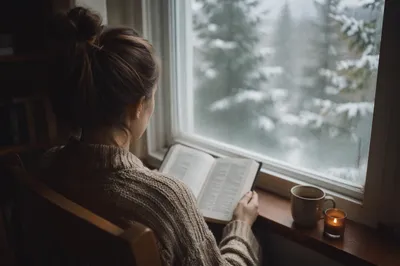 Woman Reading Bible by Frosted Window