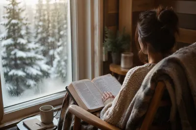 Woman Reading Bible Beside Snowy Evergreen Window