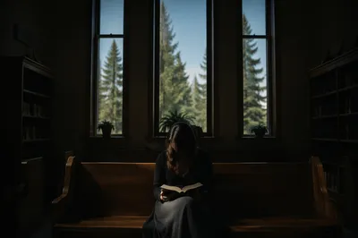 Woman Reading Bible by Evergreen Window