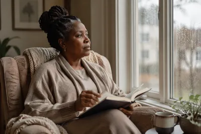 Woman Reading by Rainy Window