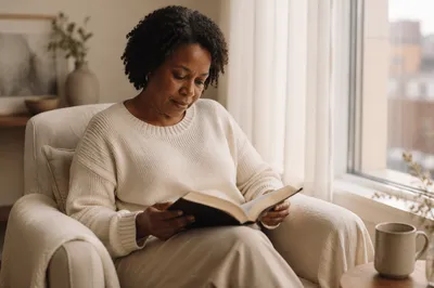Woman Reading by Apartment Window