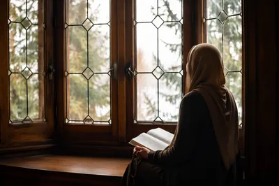 Contemplative Woman Reading Bible by Window
