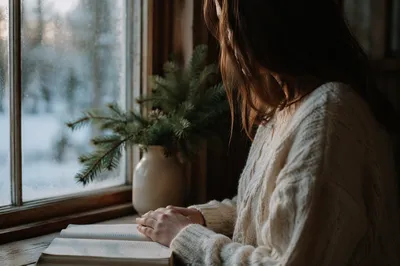 Woman Reading Bible by Frosted Cottage Window