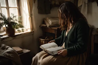 Woman Reading Bible by Rustic Window