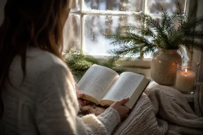 Woman Reading Bible by Winter Window