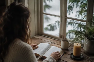 Woman Reading Bible by Winter Window
