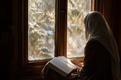 Woman Reading Bible by Winter Window