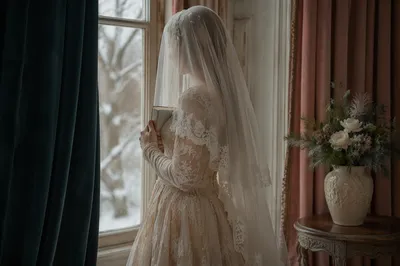 Veiled Woman Holding Bible by Winter Window