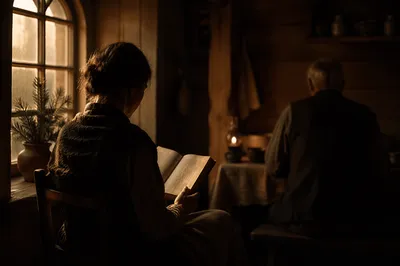 Woman Reading Bible by Cottage Window