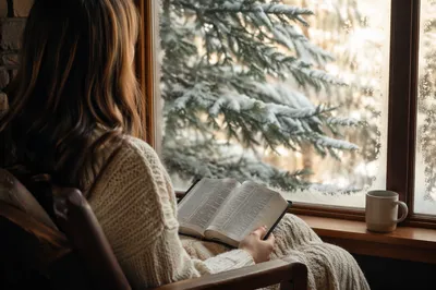 Woman Reading Bible Beside Snowy Evergreen Window