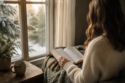 Woman Reading Bible by Frosted Window