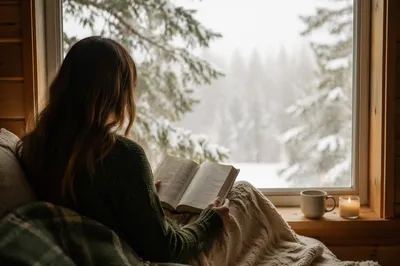 Woman Reading Bible by Frosted Cabin Window