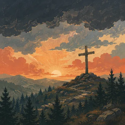 Wooden Cross on Hilltop at Sunset