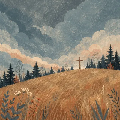 Wooden Cross on Hilltop Beneath Stormy Sky