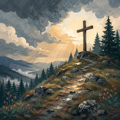 Weathered Wooden Cross Beneath Dramatic Evergreen Sky