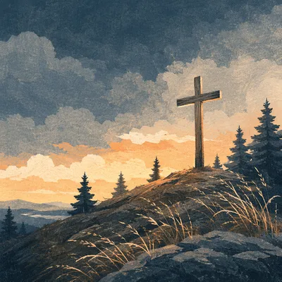 Wooden Cross on Stormy Evergreen Hilltop