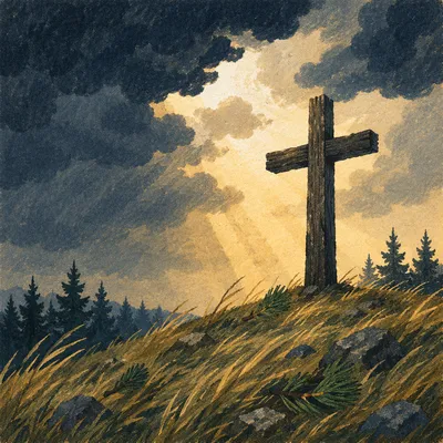 Wooden Cross on Evergreen Hill at Sunset