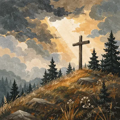 Weathered Cross on Evergreen Hilltop