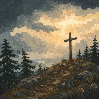 Wooden Cross on Hilltop Under Dramatic Sky
