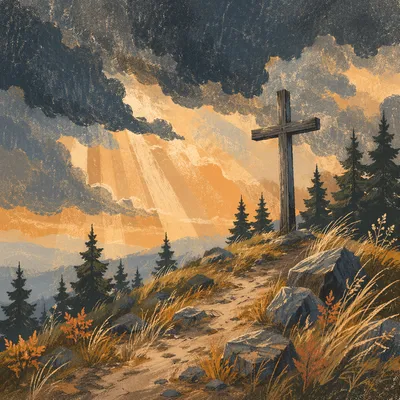 Wooden Cross on Stormlit Evergreen Hill