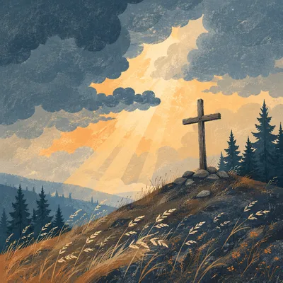 Weathered Cross on Evergreen Hilltop