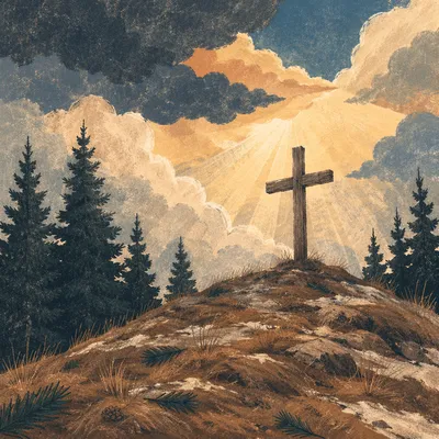 Wooden Cross on Evergreen Hilltop at Sunset