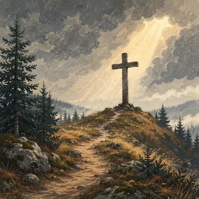 Weathered Cross on Evergreen Hilltop