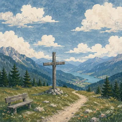 Wooden Cross on Alpine Hilltop
