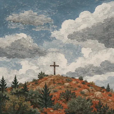 Wooden Cross on Rugged Hilltop Sky