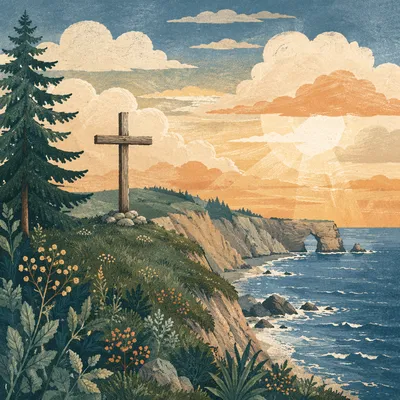 Wooden Cross on Coastal Hilltop