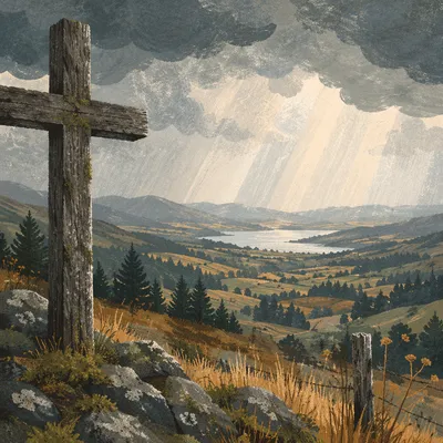 Weathered Cross Over Stormy Evergreen Valley