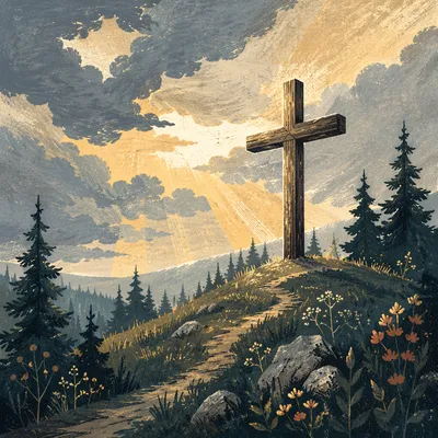 Wooden Cross on Evergreen Hilltop Sky