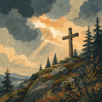 Weathered Wooden Cross Beneath Dramatic Evergreen Sky