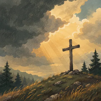 Weathered Cross on Evergreen Hilltop