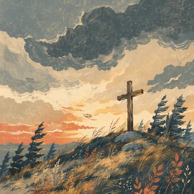 Wooden Cross on Hilltop Under Dramatic Sky