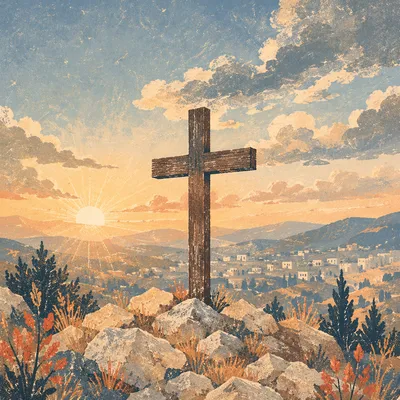 Wooden Cross on Hilltop at Sunset
