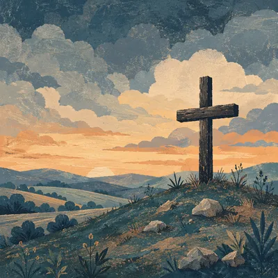 Weathered Wooden Cross Beneath Dramatic Sky